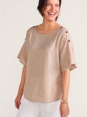 Soft Surroundings Andrea Linen-Blend Pullover Top Sz 1X Beige Coastal Beach
